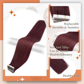 Full Shine Tape Extensions Color 99J Wine Red Tape in Hair Extensions Human Hair 22Inch Remy Seamless Skin Weft Straight Invisible Extension 100G 40Pcs for Natural Look