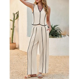 Tankaneo Womens 2 Piece Outfits Linen Sets Sleeveless Button Vest Wide Leg Pants Matching Lounge Set