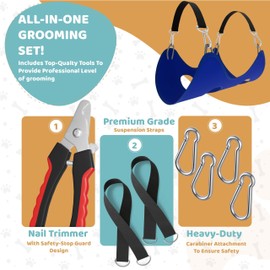 Dog Grooming Hammock – Sturdy & Safe Dog Hammock for Grooming with Durable Carabiner Clips & Straps – Soft, Comforting Dog Grooming Harness – Pet Grooming Hammock + Nail Trimmer for Large Dogs