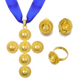 Ethiopian Jewelry for Women Sets Gold/Silver Plated Ethiopian Cross Sets Habesha Wedding Party Gift (G-Blue)