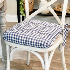 Piper Classics Doylestown Blue Gingham Check Chair Pad 16" x 16", Blue & Cream, Farmhouse, Country Chair Pad