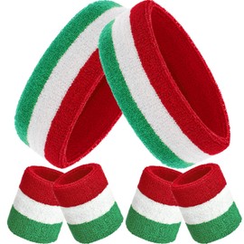 Bememo Sweatbands Set, Includes Sports Headband and Wristbands Sweatbands Colorful Sweatband Set for Men and Women (Chirstmas Color,Red White Green,6 Pieces)