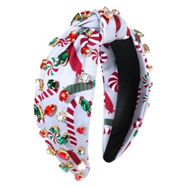 boderier Christmas Headbands for Women Xmas Candy Cane Headband Crystal Jeweled Wide Knotted Headband Christmas Holiday Headwear Hair Accessories Gift(Candy Canes)