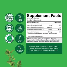 Sugar Free Magnesium Glycinate Chewable - Chewable Magnesium for Adults & Kids with Glycinate Taurate & Citrate Complex Plus Vitamins D3 B6 & C - Vegetarian Non-GMO & No Artificial Flavors (30 Day)