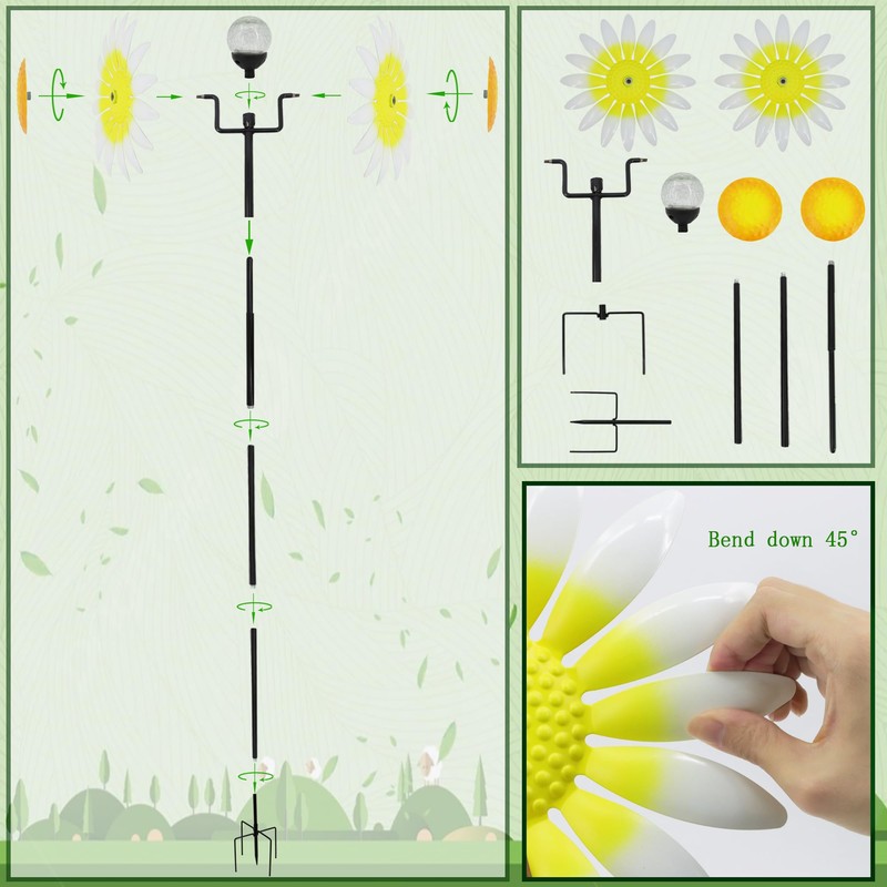 Decorative Metal Garden Daisy Wind Spinner, Decorative Garden Stakes, Daisy