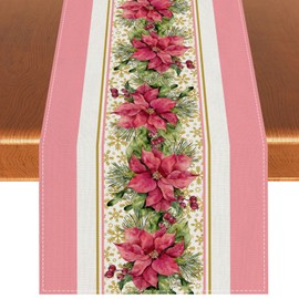 Linen Pink Christmas Table Runner Poinsettia Christmas Tablecloth Winter New Year Xmas Decor Pink Christmas Decorations and Supplies for Home Kitchen Table-13×72’’
