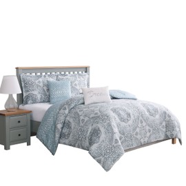 Boho Living – Comforter Set | Picadilly Queen Bedding | 5 Piece Set | Includes Reversible Comforter, 2 Decorative Pillows & 2 Pillow Shams | 100% Polyester | Microfiber | Bedroom Décor | Blue/Gray