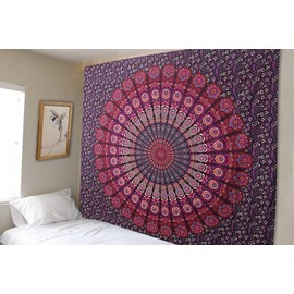 FURNISHFUL FINESSE Mandala Tapestry Purple Pink Wall Hanging Tapestries Boho Peacock Wall Towel for Decor Home and Living Room - 137 x 213 cm