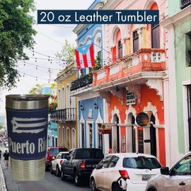 Puerto Rico Leather Wrapped Vacuum Insulated Tumbler 20 Oz Stainless-Steel Vacuum Mug For Travelling Sports Outdoor & Gym (Blue)