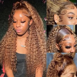 Highlight Ombre 5X5 HD Lace Closure Wigs Human Hair Deep Wave Lace Front Wigs for Women Wear and Go Glueless Wigs Pre Plucked with Baby Hair 150% Density 24 inch