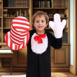 Angenster Dr Seuss Costume Crazy Cat Fancy Dress Jumpsuit for Kids, Cat in Hat Costume with Onesie Gloves Hat, World Book Day Fancy Dress Cat Costume for Kids (Kids, XL)