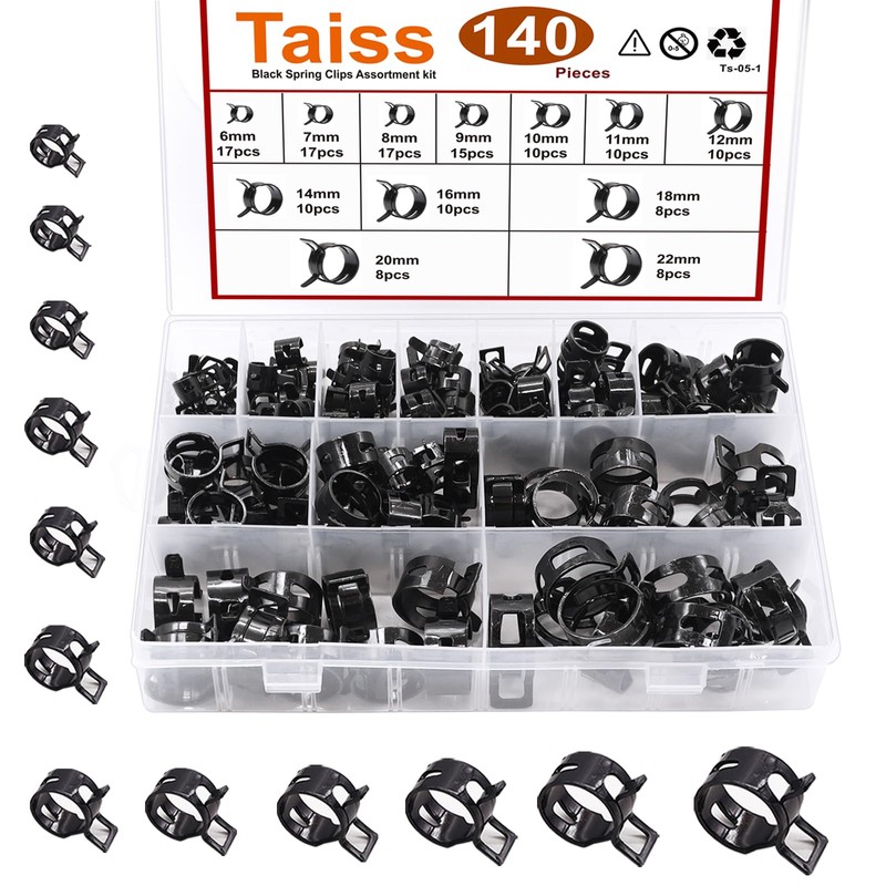 Taiss 140PCS 12 Sizes 6-22mm Black Spring Band Hose Clamp