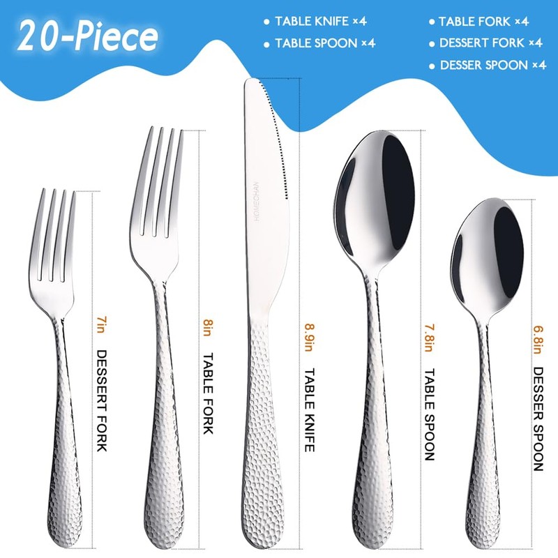 HOMECHEN 20-Piece Hammered Stainless Steel Flatware Set - Food-Grade Silverware
