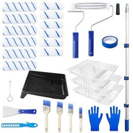 MAXWAVE Paint Roller Kit with Extension Pole, 34 Piece Set, 4" and 9" Paint Rollers, 1.63 Ft to 4 Ft Pole, Painting Brushes Supplies for Professional House Wall Latex, Oil Paints and Stains