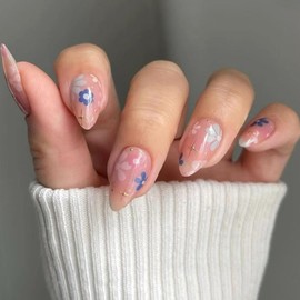 Short Press on Nails Almond Acrylic Nails Flowers Fake Nails Pink Translucent Nails Press ons Cute False Reusable Stick on Nails for Women Girl 30 Pcs