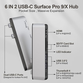 Surface Pro 9/10/11 Accessories with 4K HDMI, 100W USB C Thunderbolt 4 (Display + 40Gbps + PD), USB 3.0 x 2, TF/SD Card Slot, Dual Monitor Docking Station (HDMI + USB C) for Surface Pro 11/Pro 10/Pro