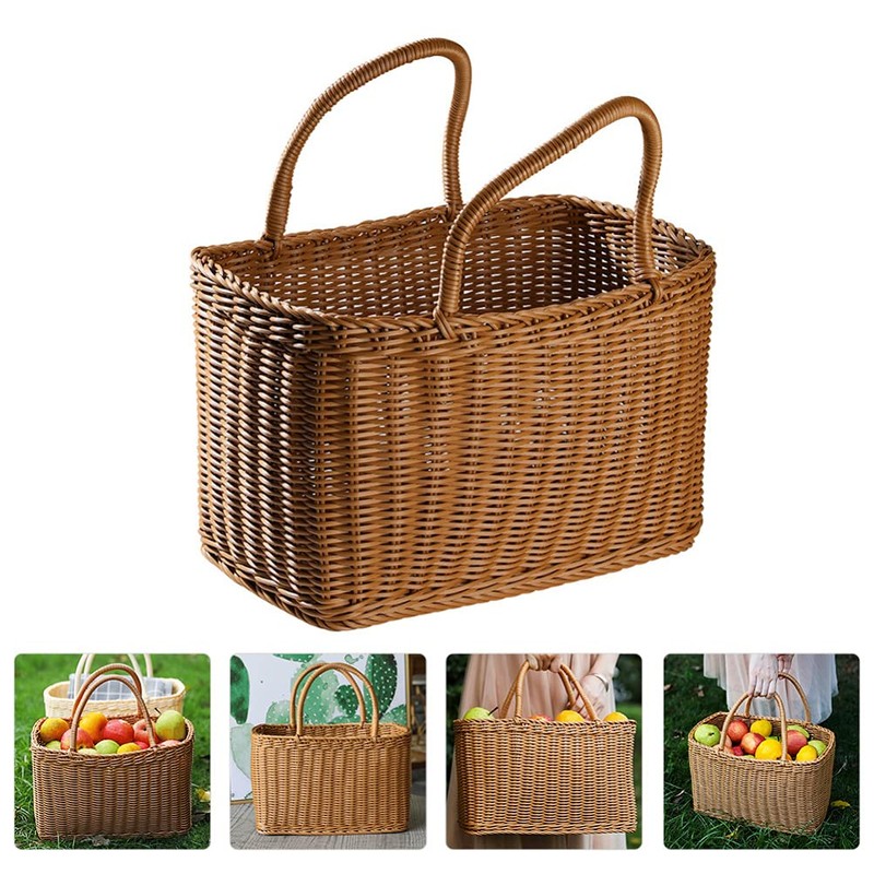 Sewroro Picnic Basket with Handles Handmade Plastic Woven Basket Multifunctional