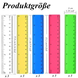 Pack of 15 Coloured Transparent Rulers, 15 cm 6 Inch Straight Ruler with Centimetres and Inch Plastic Rulers for School Classroom Home Office (Colour)