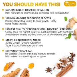 TOG999, 15 Turmeric, Ginger, Cinnamon Tea Bags, 100% Natural, Hand-made Blend of Turmeric, Ginger, and Cinnamon. Eco-conscious Tea Bags. No Sugar, No Caffeine, No Gluten, Vegan.