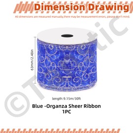 Tanstic 2.5 Inch x 10 Yards Blue Swirl Glitter Wired Ribbon Organza Sheer Ribbon with Glitter Swirl Pattern and Metallic Edge for Tree Decoration Gift Wrapping