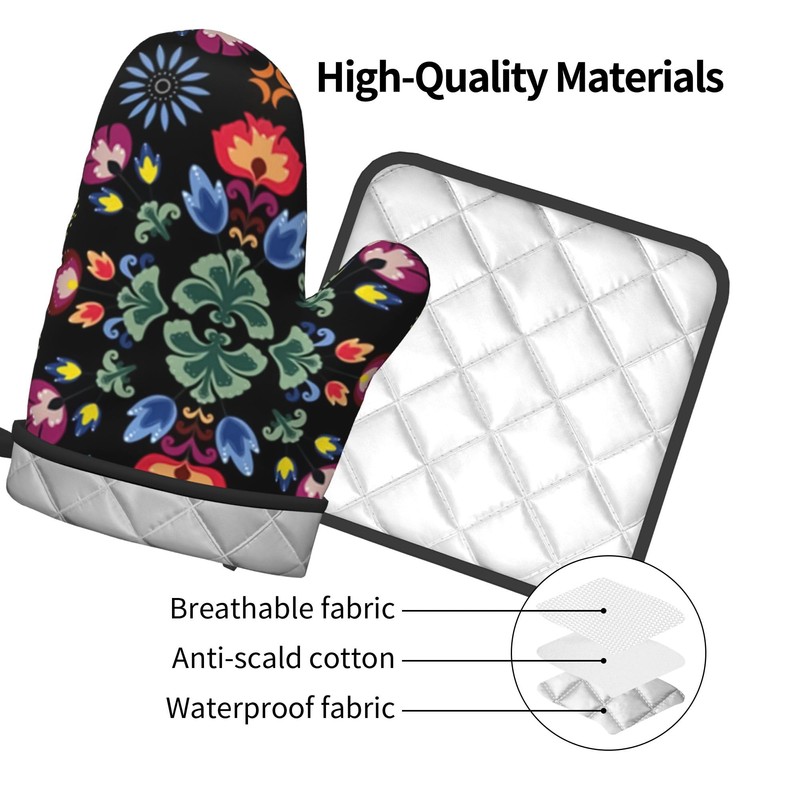 Oven Mitts and Pot Holder Set with Flower Pattern for