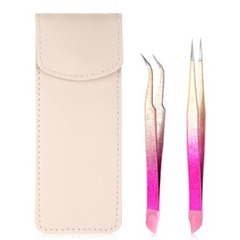 2PCS Double Ended Sticker Tweezers, Nail Tweezers for Nail Art with Storage Bag Stainless Steel Tweezer Straight Curved Tip Tweezer for Eyelash Extensions Rhinestone Stickers