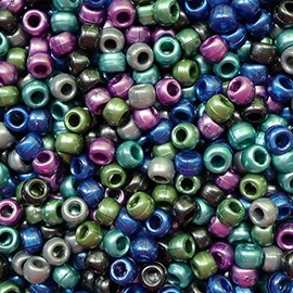 BeadExplosion Pony Beads Peacock Pearl Metallic Mix Crow Beads Made in USA 6x9mm Large Hole, Blue Green, 9mm(B07836)
