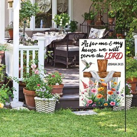 Cuiliqun As for Me And My House We Will Serve The Lord Bible Verse Garden Flags 12x18 Inch Double Sided Polyester Christian Cross Garden Flags for Outdoor Worship Yard Sign Decorations