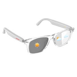 Smart Glasses for Men & Women, Auto Power On/Off, Voice Assistant, Hands-Free Calls, Remote Shooting, UV400/Blue Light Protection, Photochromic Lenses, Bluetooth Eyewear for Indoor Outdoor(Clear)