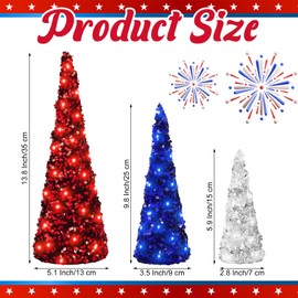 Ceenna 3 Pcs Independence Day Velvet Trees Set Independence Day Table Tree Decor Red Blue White Cone Decorations Centerpiece Holiday Mantel Shelf Ornament for Farmhouse Home Dining Party Supplies