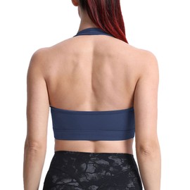 Aoxjox Sostén deportivo de entrenamiento para mujer, sin espalda, acolchado, halter, yoga, playera sin mangas, marino, XX-Small