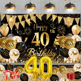 40th Birthday Decoration, FestiVibe Decoration 40th Birthday Men Women, 40th Birthday Decoration Large Banner and Black Gold, for Woman Man Decoration 40th Birthday Day