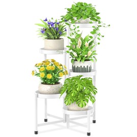 iDavosic.ly Plant Stand Indoor Outdoor, 5 Tier Corner Metal Flower Display Holder Shelf, Easy Assembly Folding Tall Orchid Rack for Patio Balcony Porch Garden Living Room House, White