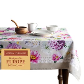 Maison d' Hermine Table Cloth Rectangle Table 100% Cotton 60 x 90 Inches Tablecloth Reusable Decorative Everyday Use for Dining Room, Farmhouse, Home, Party, Festive & Wedding Spring Summer - Pivoine
