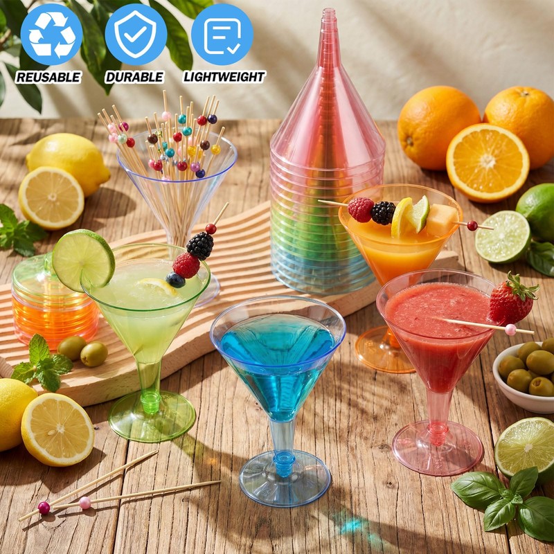 Yungyan 48 Pack 7oz Colored Plastic Martini Glasses with Cocktail
