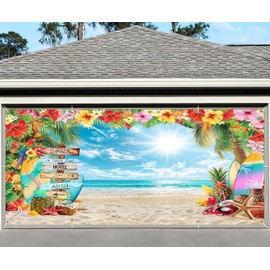 Luau Tropical Hawaiian Garage Door Cover Banner Decorations, Summer Beach Aloha Flower Outdoor Car Garage Door Murals Buddy Decorations Extra Large 16 X 7 Ft