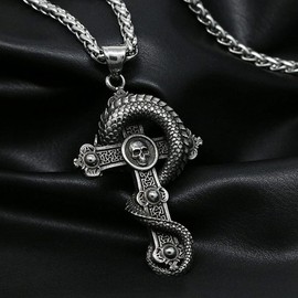 WDBAYXH Men's Gothic Punk Dragon Skull Cross Pendant Necklace, Biker Antique Silver Stainless Steel Carved Prayer Pendant with 2 Pieces Chain, Personality Ouroboros Talisman Jewellery, Stainless