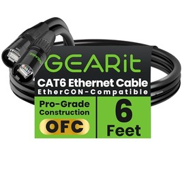 GEARit Cable Ethercon CAT6 blindado (6 pies), audio profesional e iluminación RJ45 EtherCON, cable compatible con estudio, escenario, conciertos, 6 pies, negro