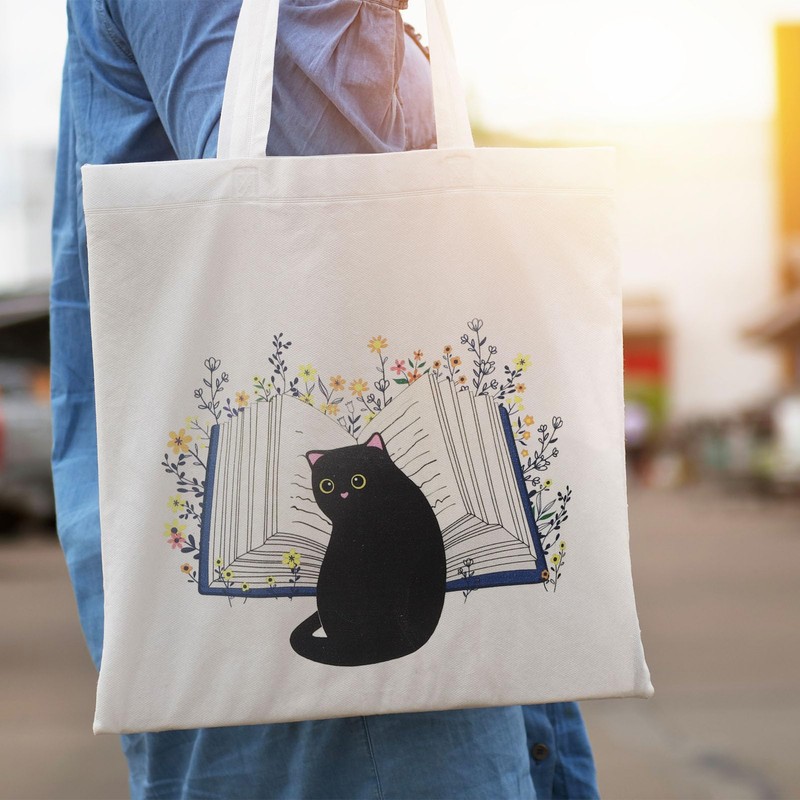 dusaniyali Gifts for Cat Lovers Tote Bag Black Cat Fabric