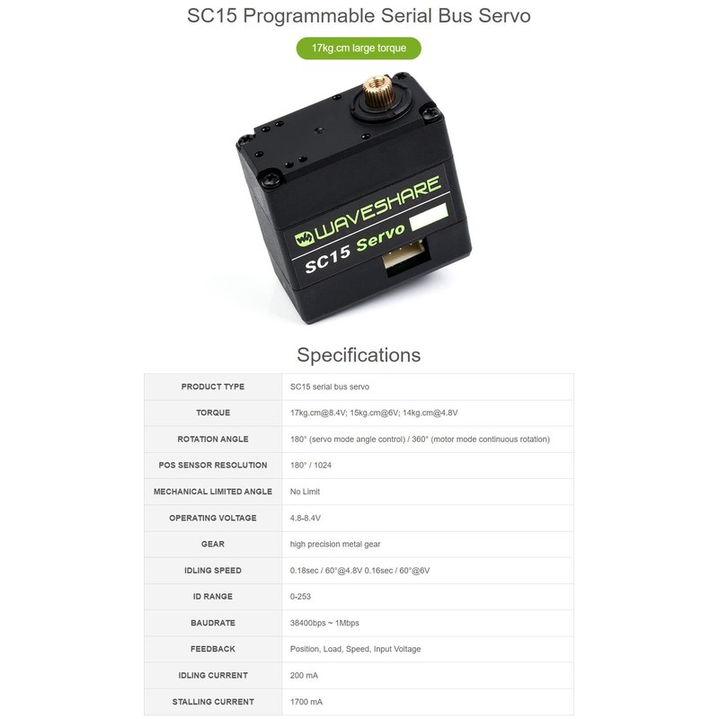 Waveshare SC15 17kg Large Torque Programmable Serial Bus Servo 17kg.cm