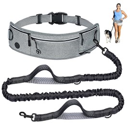 Hand Free Dog Lead, Dog Running Belt with Pockets & Poo Bag Holder, Adjustable Waist Leash with Reflective Bungee Lead & Durable Dual Handles for Jogging, Walking & Training (Grey)