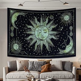 THE ART BOX Boho Decorative Rug Children's Room Bedroom Bedspread Aesthetic Bed Linen Tapestry Tumblr Wall Decoration Living Room Indie Room Decor 100% Cotton Green 75 x 100 cm