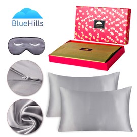 BlueHills Luxury Silk Pillowcase Gift Set - 100% Pure Mulberry Natural Soft Both Sides Silk Pillowcase 2 Pack for Hair and Skin & 1 Pure Silk Eye Mask Gift Box 3 piece Set Silver Gray Grey Queen Q014