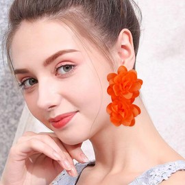Just Follow Big Flower Drop Earrings for Women Long Fabric Floral Dangle Earrings Bohemian Exaggerated Statement, Acrylic, No Gemstone