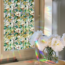 Retro Flower Window Privacy Film,Stained Glass Decals White Mangnolia Privacy Rainbow Decals Living Room Sun Blocking Decor Removable Static Cling Stickers,16.93x39.37inch