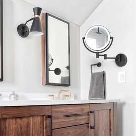 Wall Mounted Makeup Mirror with 3 Color Lights Stepless Dimming, 8" 1X/10X Magnifying LED Two Sided Touch Sensor Extendable Arm 360 Swivel Shaving Light Up Mirror Hardwired for Bathroom, Matte Black