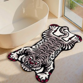 Naoloture Gray Tibetan Tiger Bath Mat Bathroom Rug Non Slip, Ultra Soft Plush Tufted Cute Bathroom Mat Cool Animal Funky Area Rugs Absorbent Washable Carpet for Bedroom Living Room Décor, 24x40 Inch