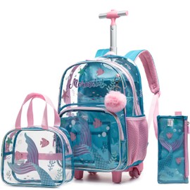 HTgroce Children's Trolley Backpack School Bag Girls School Trolley School Backpack Children's Suitcase Rolling Travel Luggage Multiple Pockets, blue, Rucksack