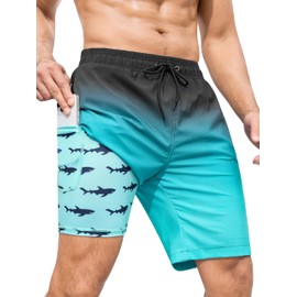 SILKWORLD Men's Swim Trunks with Compression Liner Quick Dry Bathing Suits 9 Inch Swimming Shorts with Zipper Pockets, Gradient-Black Green, Large