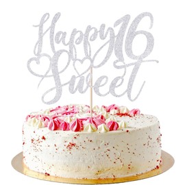 AROKIPPRY - Decoración para tartas de 16 años, diseño de feliz cumpleaños de 16 años, decoración para tartas de 16 años, purpurina dorada (plata)